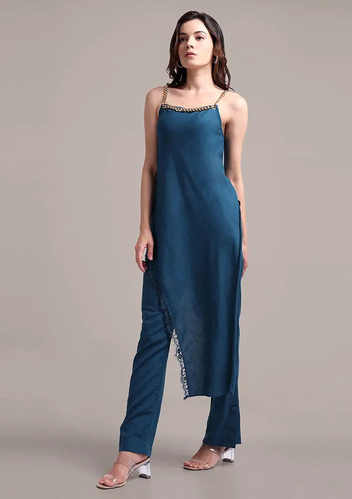 Teal Blue Asymmetric Chain Strapped Top With High Waisted Pants IKI CHIC Private Ltd