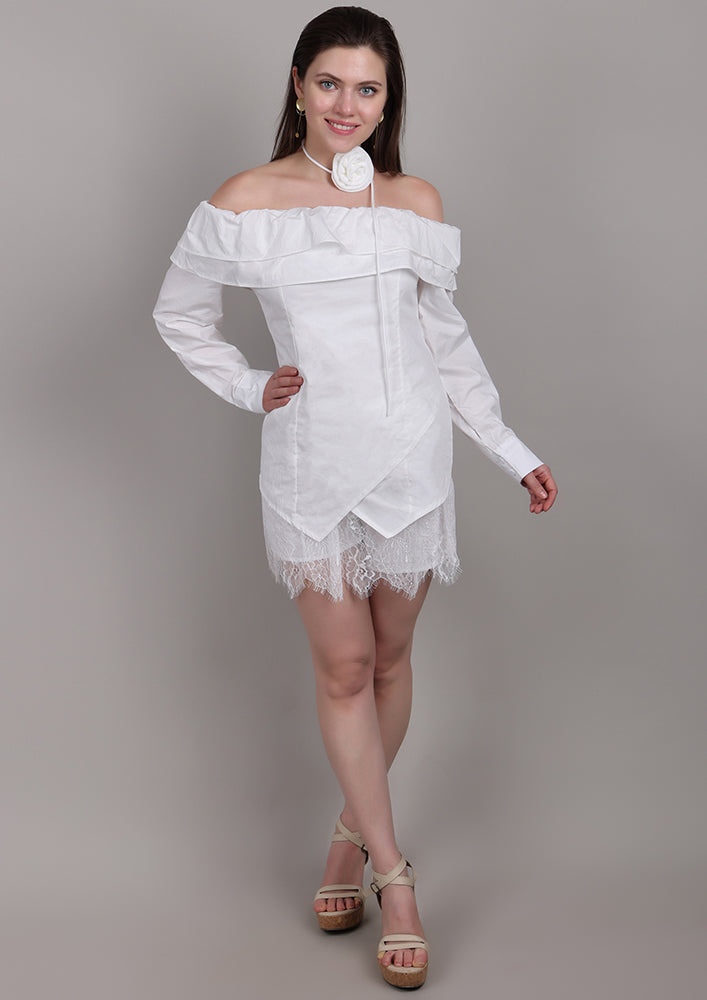 White Off-Shoulder Set with Front Ruffles & Rose Neck Accessory