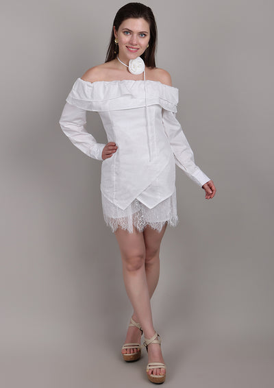 White Off-Shoulder Set with Front Ruffles & Rose Neck Accessory