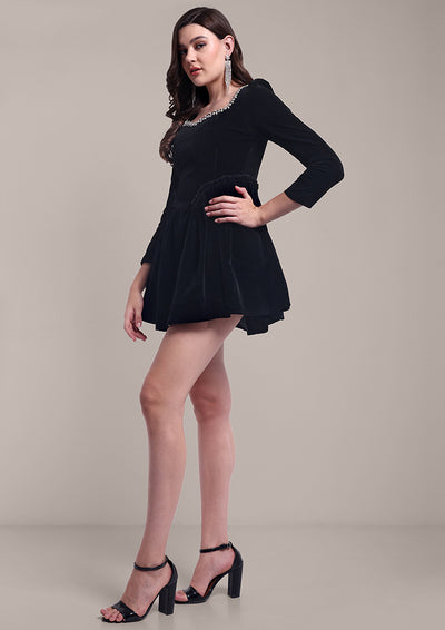 Black Velvet Fit-and-Flare Dress with Embellished Neckline