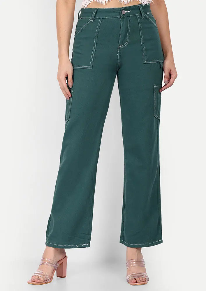 Green Wide-Leg Jeans With Contrast White Stitch Lines IKI CHIC Private Ltd