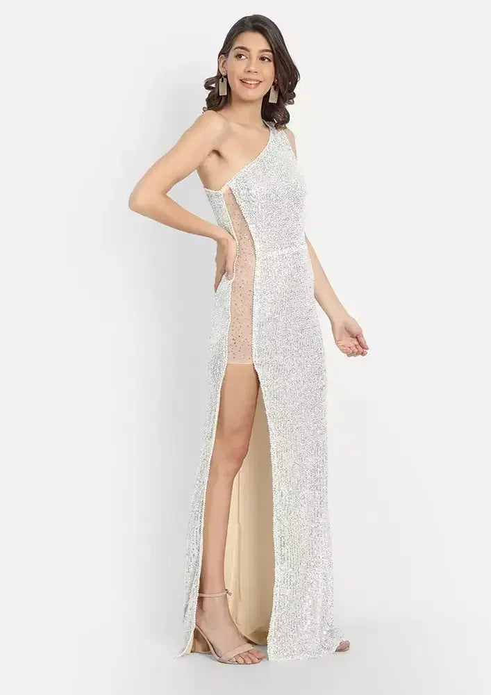 Silver Premium One Shoulder Sequin Gown IKI CHIC Private Ltd.