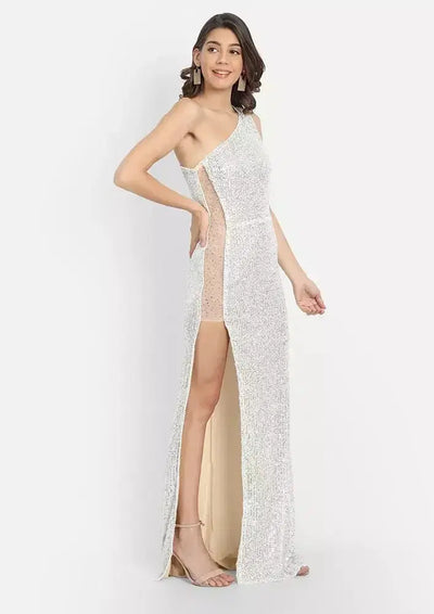 Silver Premium One Shoulder Sequin Gown IKI CHIC Private Ltd.
