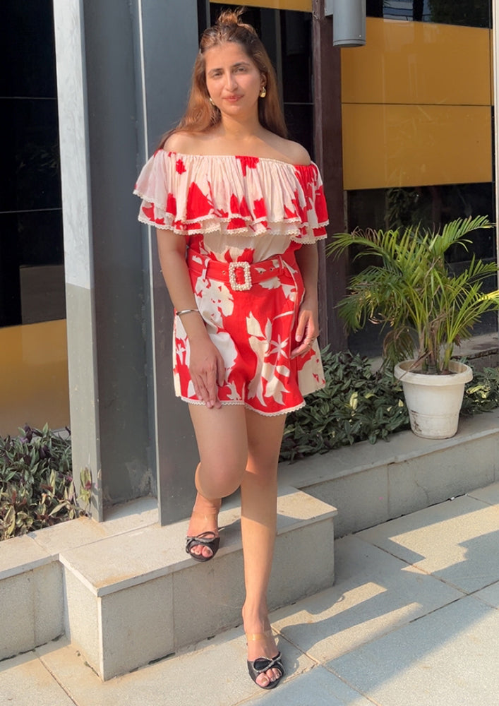 Red & Beige, printed off-shoulder short Set IKI CHIC Private Ltd.