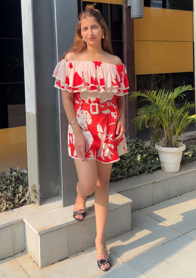Red & Beige, printed off-shoulder short Set IKI CHIC Private Ltd.