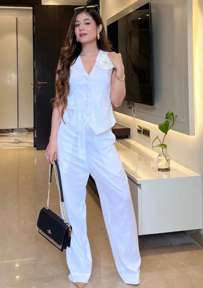 White Sleeveless Front Button-Up Vest With High Waisted Pants IKI CHIC Private Ltd