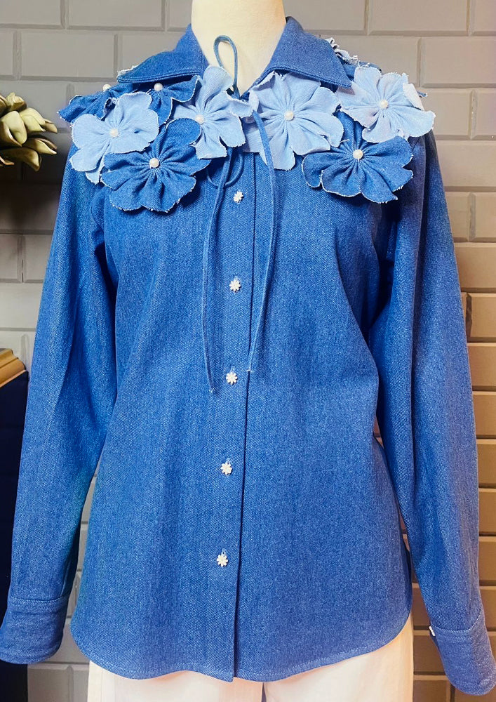 Dark Blue Denim Shirt With 3D Flower Collar