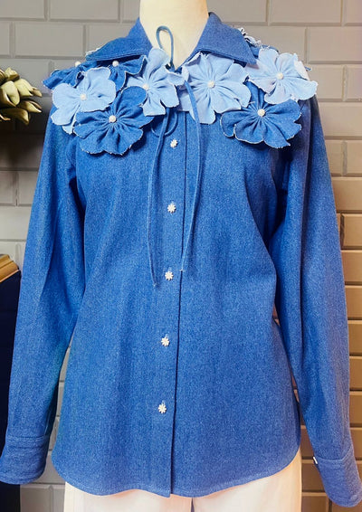 Dark Blue Denim Shirt With 3D Flower Collar