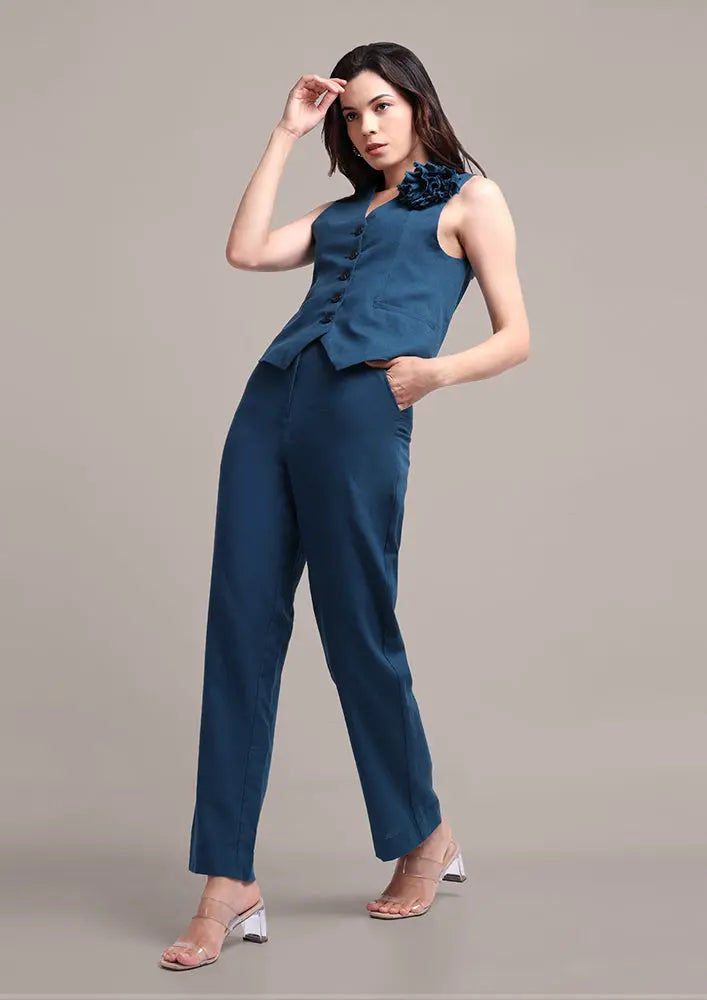 Teal Blue Sleeveless Front Button-Up Vest With High Waisted Pants IKI CHIC Private Ltd
