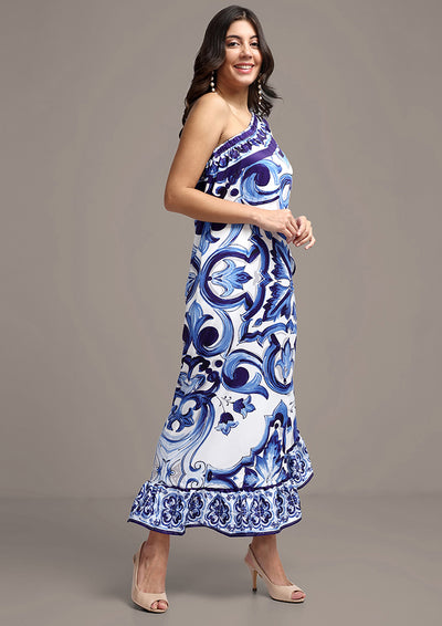 Blue & White Printed One-Shoulder Kaftan Maxi Dress