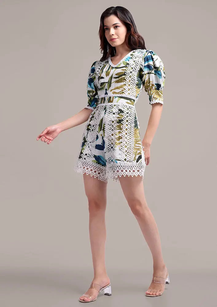 Tropical Print V-Neck Romper With Lace Detailing IKI CHIC Private Ltd