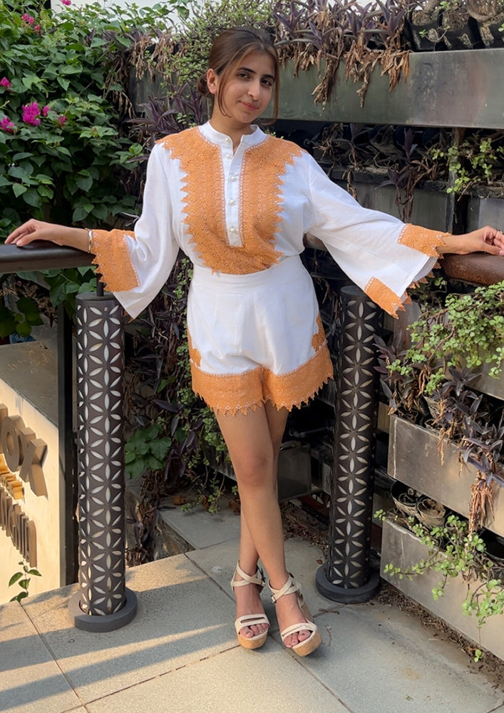 Linen Orange Lace Co-ord Set IKI CHIC Private Ltd.