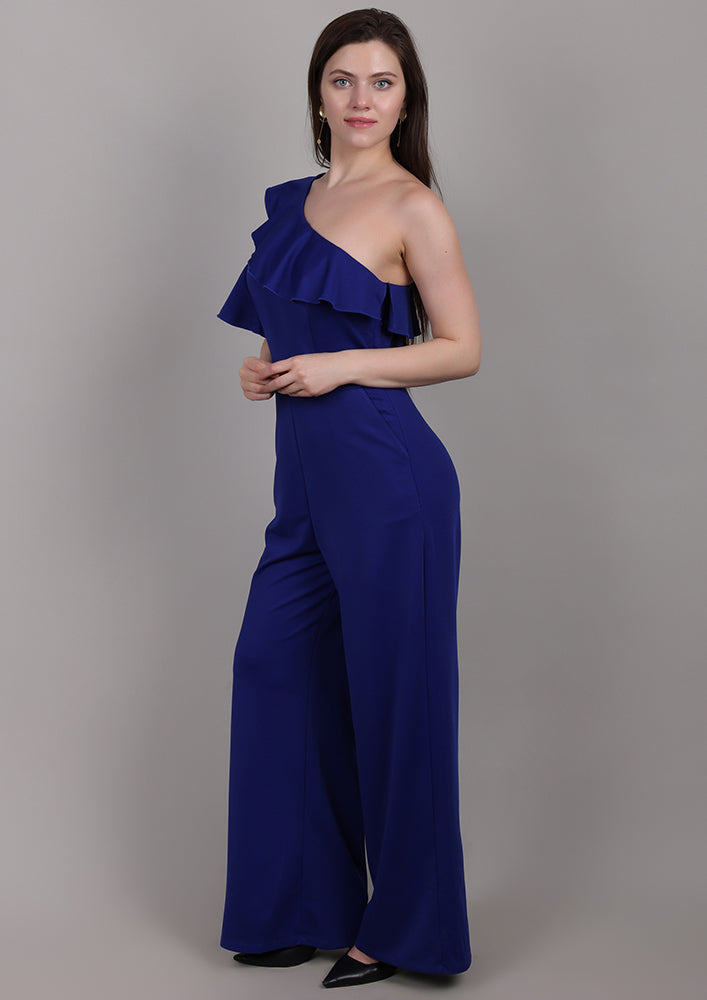Blue One-Shoulder Jumpsuit with Front Ruffle IKI CHIC Private Ltd.