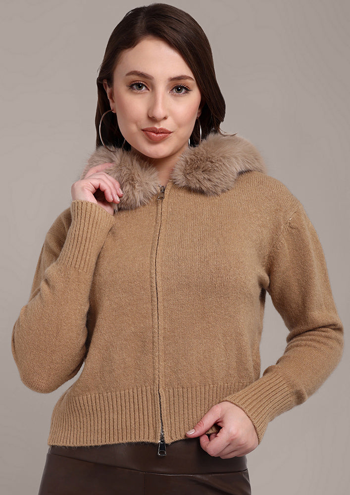 Beige Cardigan with Furry Collar Zip