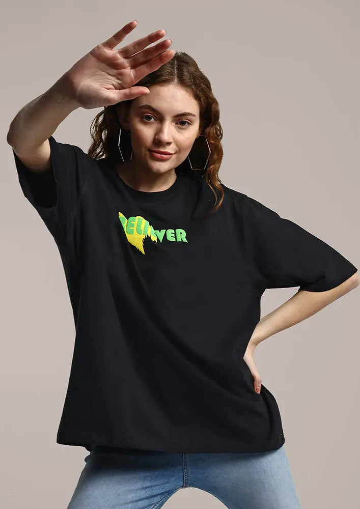 Believer Print Oversized Black Gen-Z Unisex T-shirt IKI CHIC Private Ltd