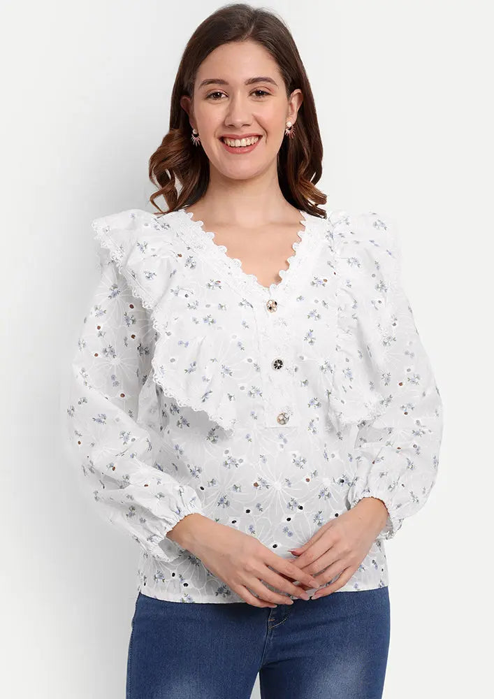 White Floral Printed Schiffli Blouse With V-Neckline With Ruffle Detailing IKI CHIC Private Ltd