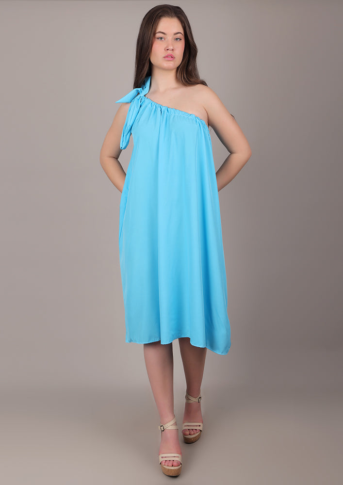 Sky Blue One-Shoulder Tie-Up Midi Dress