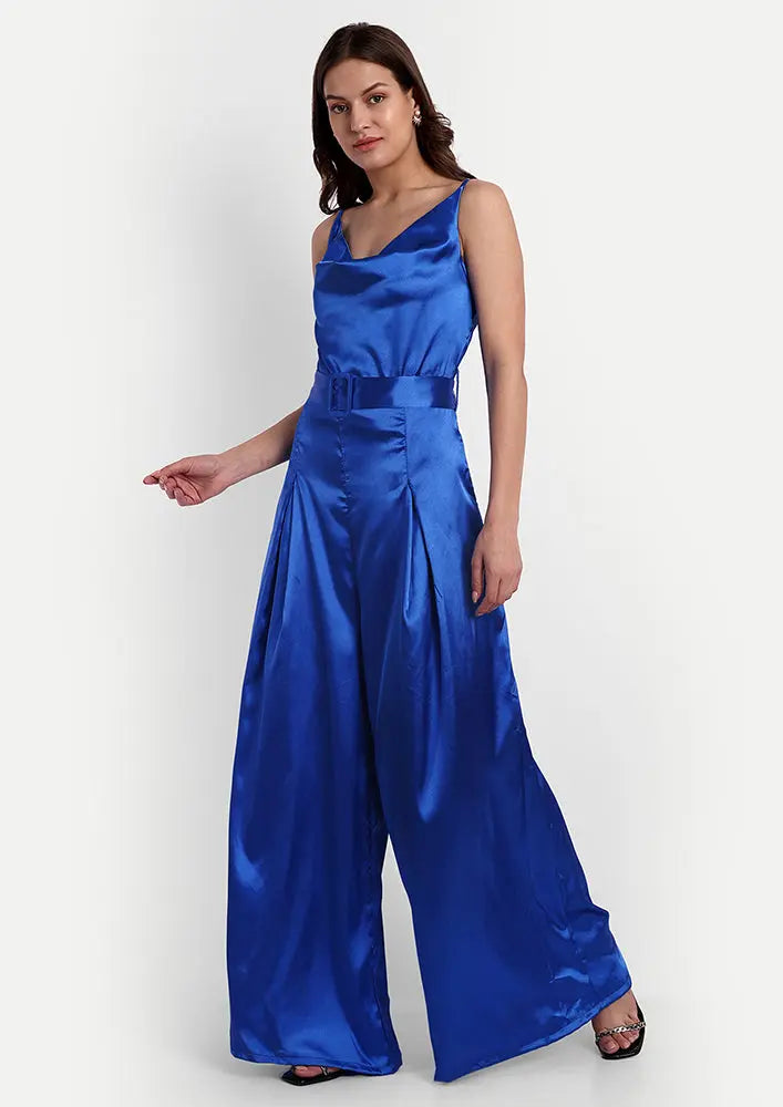 Blue Satin Cowl Neck Strappy Jumpsuit IKI CHIC