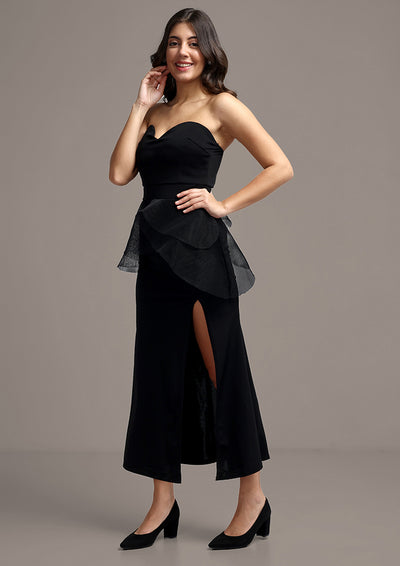 Black Solid Tube Maxi Dress With Long Slit
