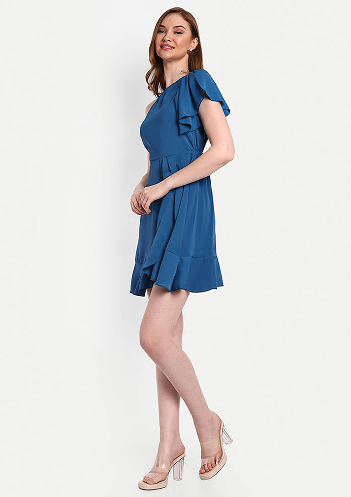 Blue One-shoulder Ruffle Mini Dress