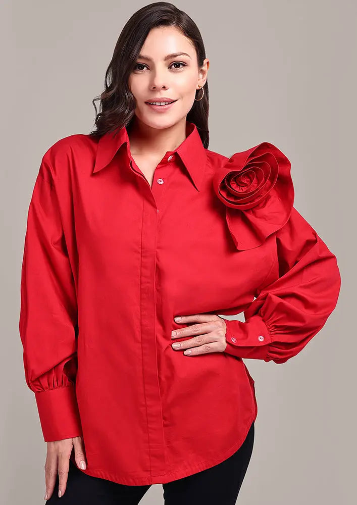 Red Drop Shoulder Shirt With 3D Flower Detail IKI CHIC Private Ltd