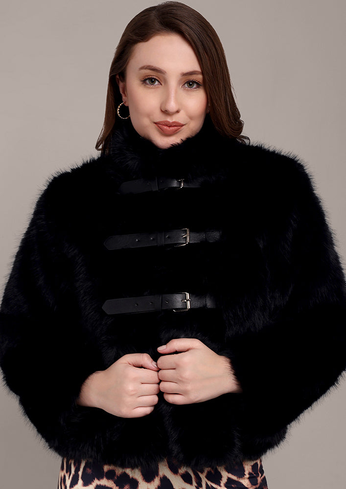 Black Fur Jacket with Front Buckle Straps IKI CHIC Private Ltd.