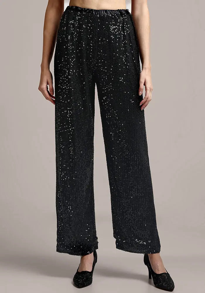 Black Sequin Wide Leg Pants IKI CHIC