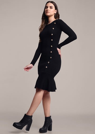 Black Knitted Dress with Side Button Placket