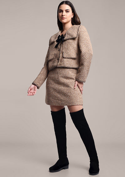 Light Brown Fitted Tweed Jacket With Mini Skirt