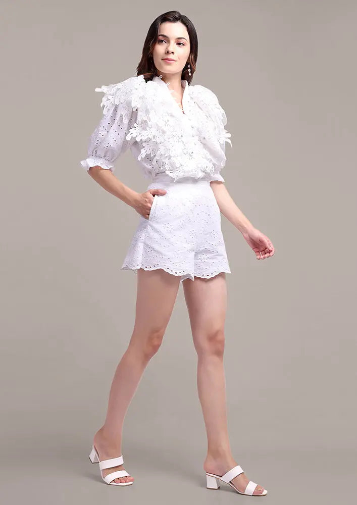 White schiffli lace detailing shirt with high-waisted shorts set IKI CHIC Private Ltd