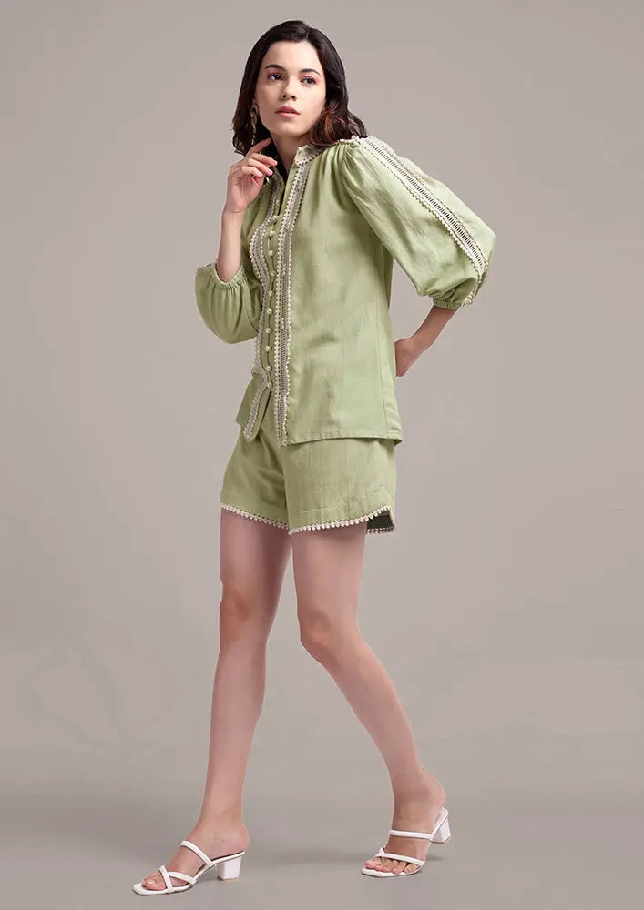 Pastel Green Lace Detailing  Shirt With High Waisted Shorts IKI CHIC Private Ltd