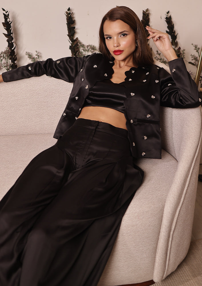 Black Satin 3-Piece Set with Embellished jacket, bustier & wide leg pants IKI CHIC Private Ltd.