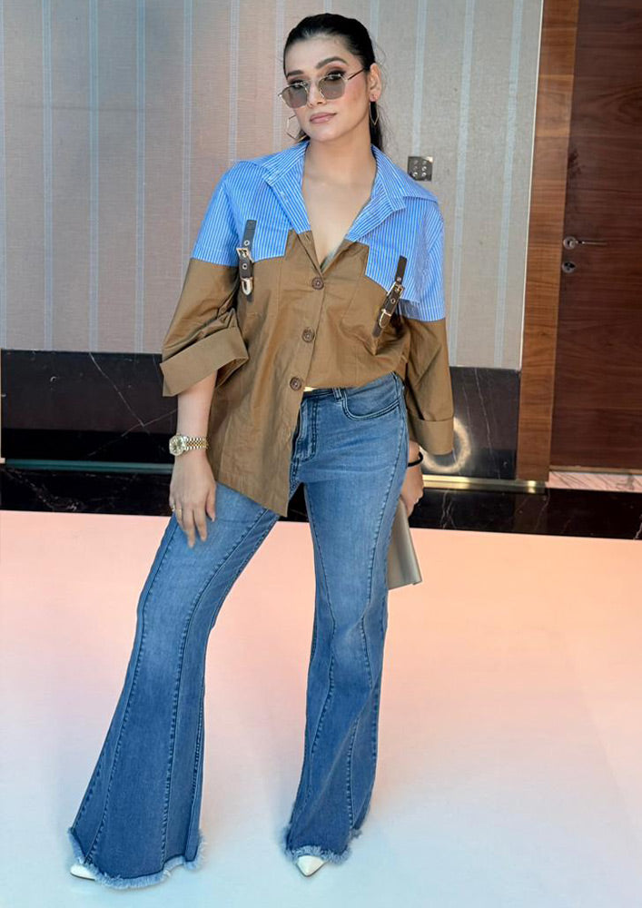 Blue Stripe & Brown Dual-Tone Shirt with Straps