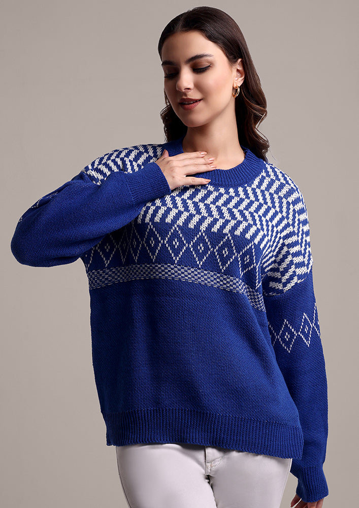 Blue Round Neck Oversized Knitted Sweater