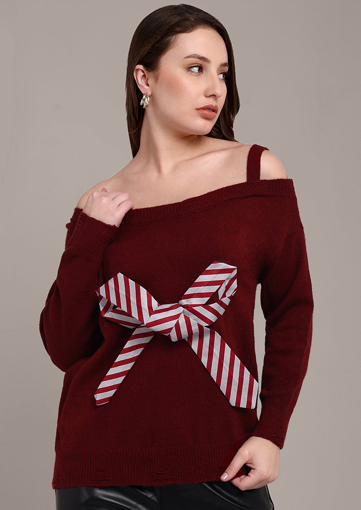 Maroon Knitted Sweater with Bow and Raw Hems