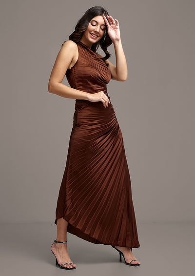 Brown Solid Pleated One-Shoulder Satin Maxi Dress