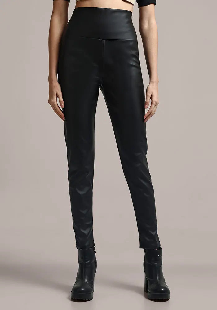 Black Faux Leather High Waisted Leggings IKI CHIC Private Ltd