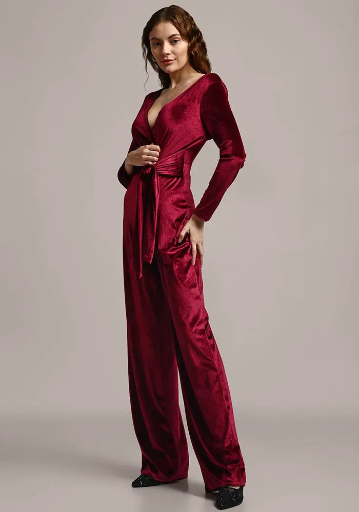 Velvet V-neck Long Sleeve Wide Leg Jumpsuit IKI CHIC Private Ltd