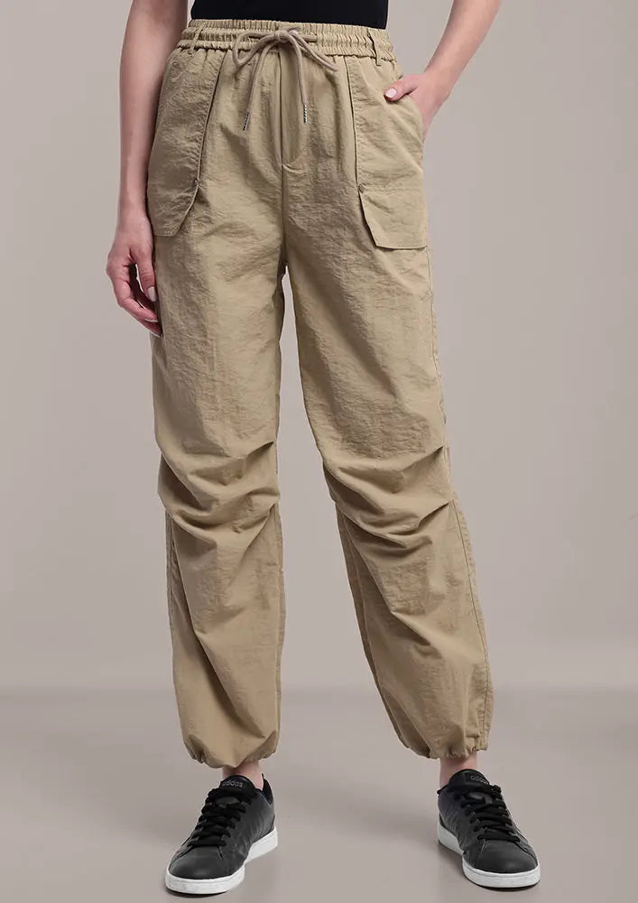 Beige Cargo Pants with Waist and Hem Strings IKI CHIC Private Ltd