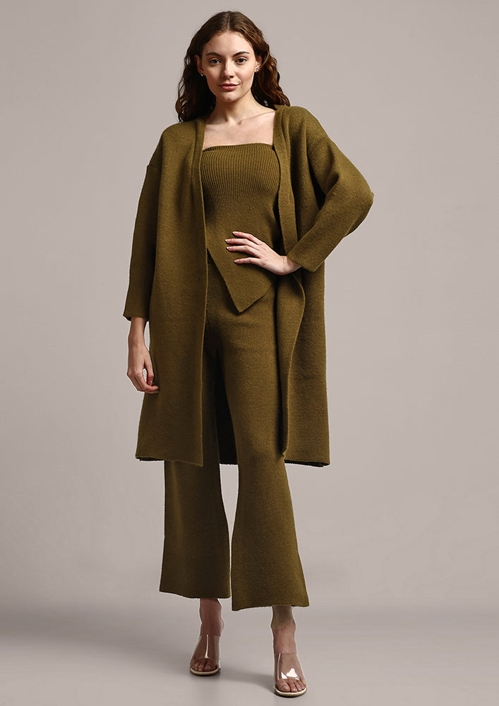 Olive Green 3 Piece Knitted Cape Co-ord Set.