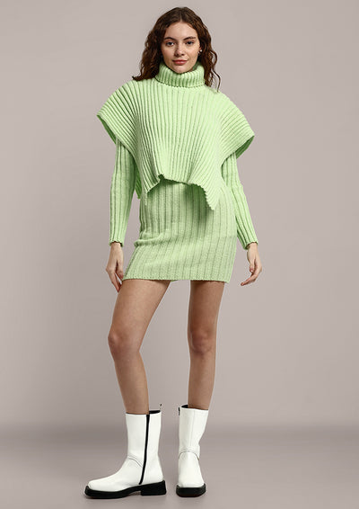 Green  Knitted Bodycon Mini Dress With Turtle Neck Cape