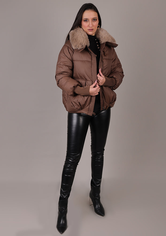 Brown Puffer Jacket With Detachable Fur Collar IKI CHIC Private Ltd.