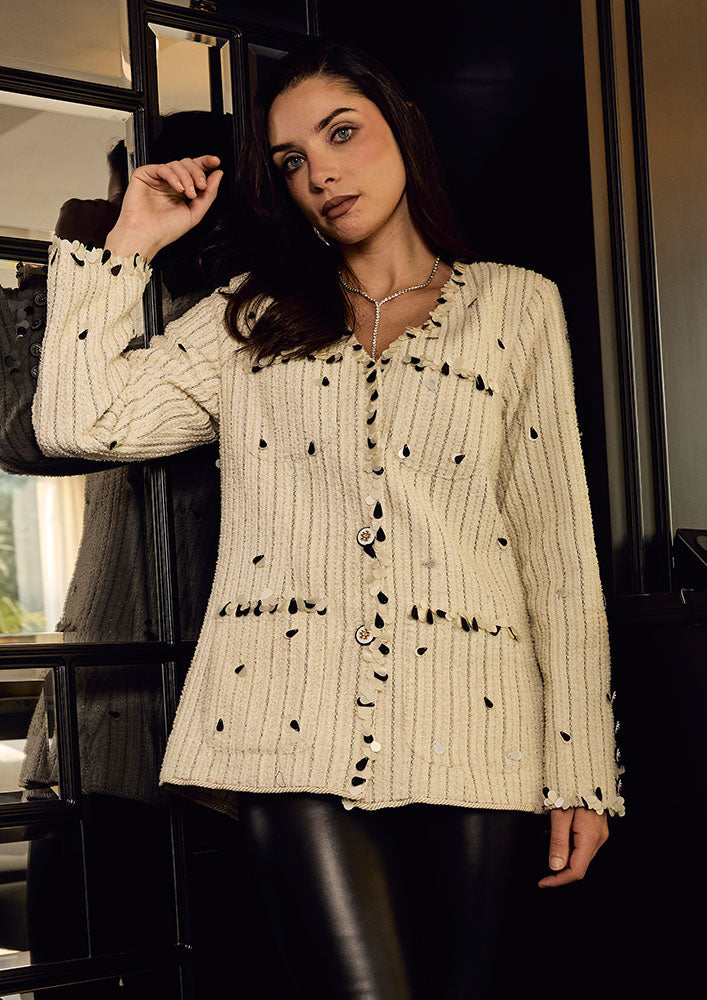 Off White Woollen Sequence Embellished Blazer
