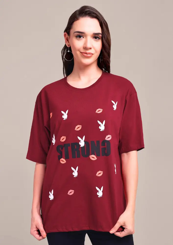 Maroon Oversized Graphic Print T-Shirt IKI CHIC Private Ltd
