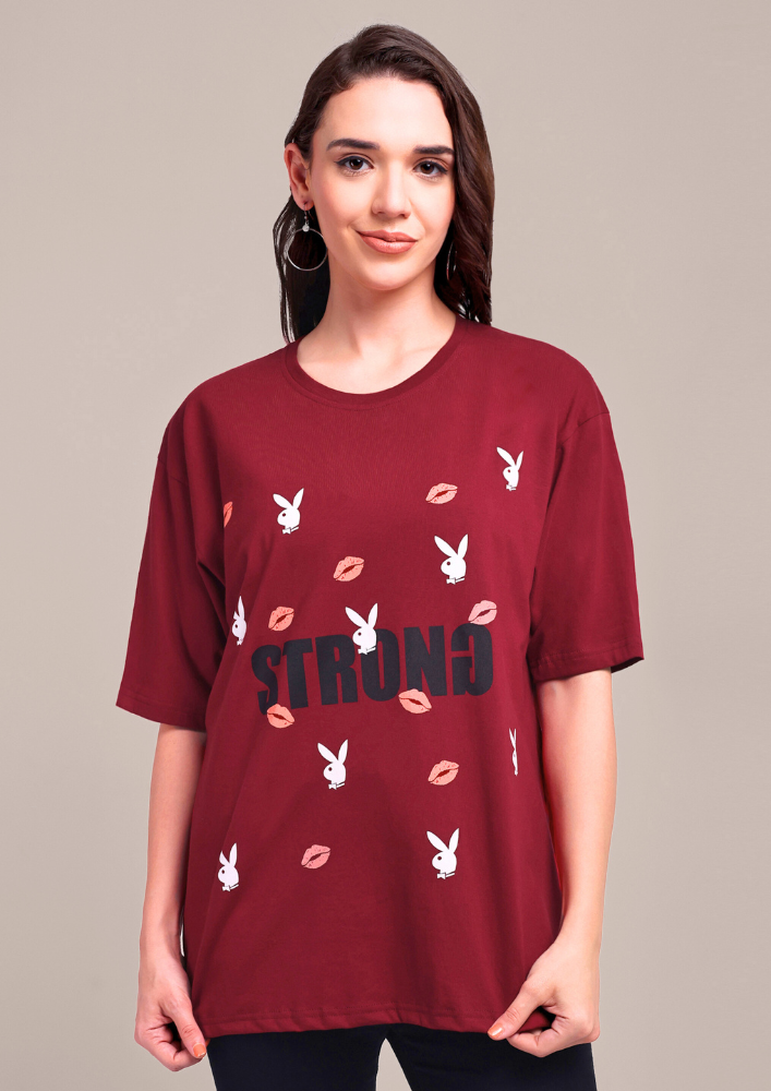 Maroon Oversized Graphic Print T-Shirt