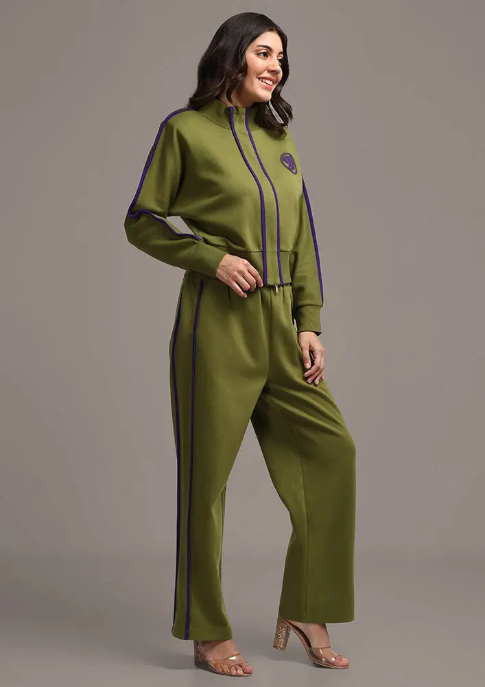 Olive Green Colorblock Jacket with Straight Leg Pants Set IKI CHIC Private Ltd