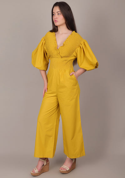 Yellow Smocked V-Neck Jumpsuit