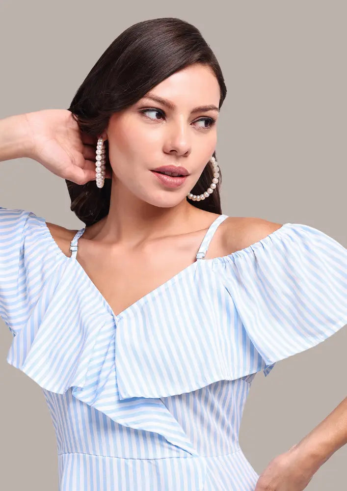 Chic Blue Stripe Off-Shoulder Jumpsuit IKI CHIC Private Ltd