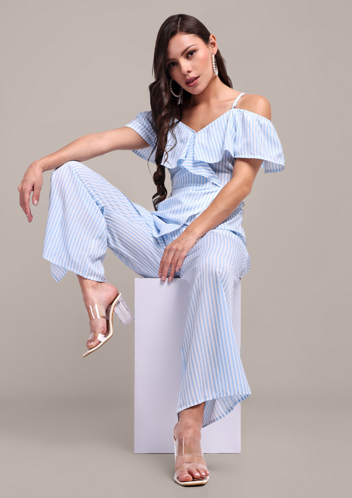 Chic Blue Stripe Off-Shoulder Jumpsuit