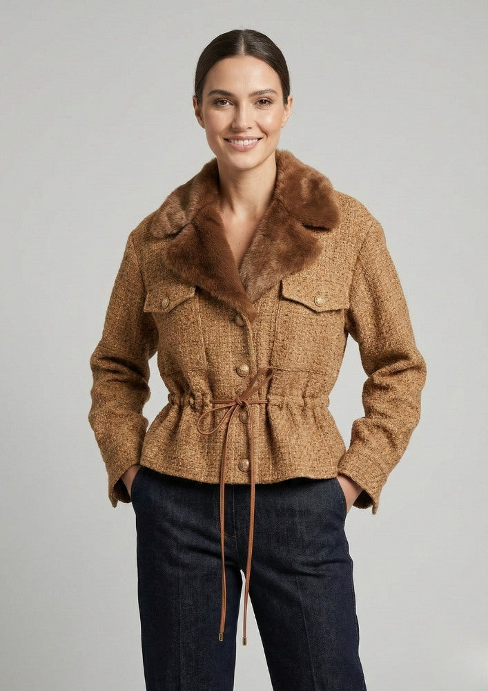 Brown Tweed Fur Collar Waist Tie-Up Jacket